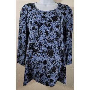 Rebecca Malone Blue Black Floral Print Pull On Top Medium Lightweight Soft